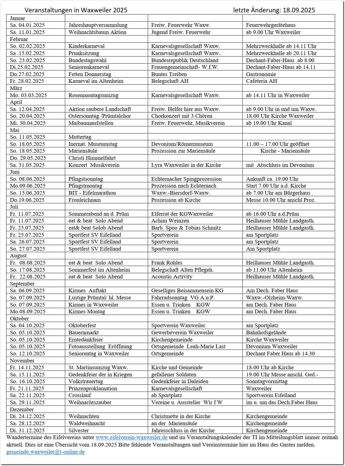Kalender 2025 Ortsgemeinde Waxweiler